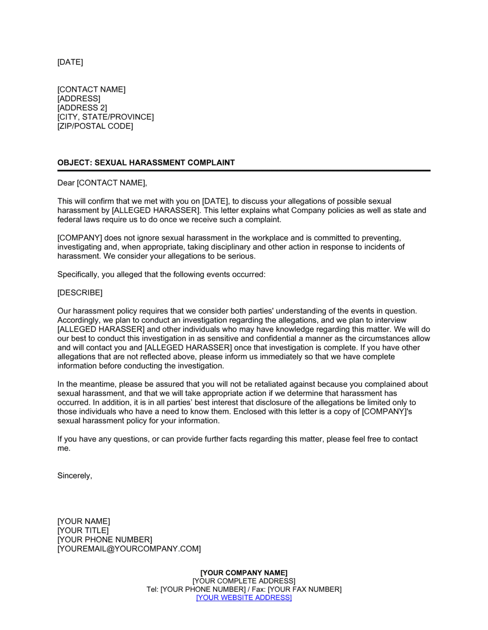 Sample Letter Of Complaint Workplace Bullying