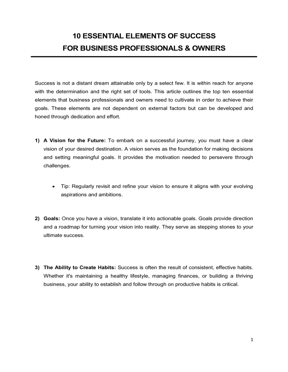 Business-in-a-Box's 10 Essential Elements Of Success Template