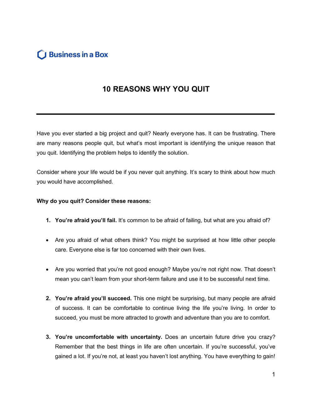 Business-in-a-Box's 10 Reasons Why You Quit Template