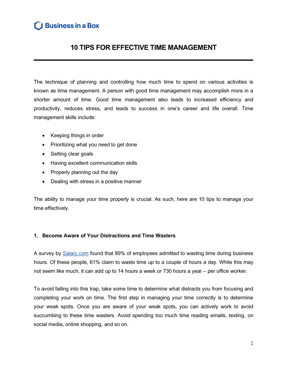 Business-in-a-Box's 10 Tips For Effective Time Management Template