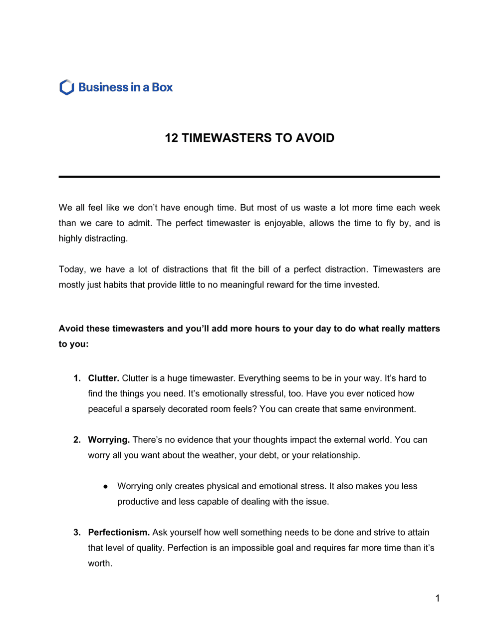 Business-in-a-Box's 12 Time Wasters To Avoid Template