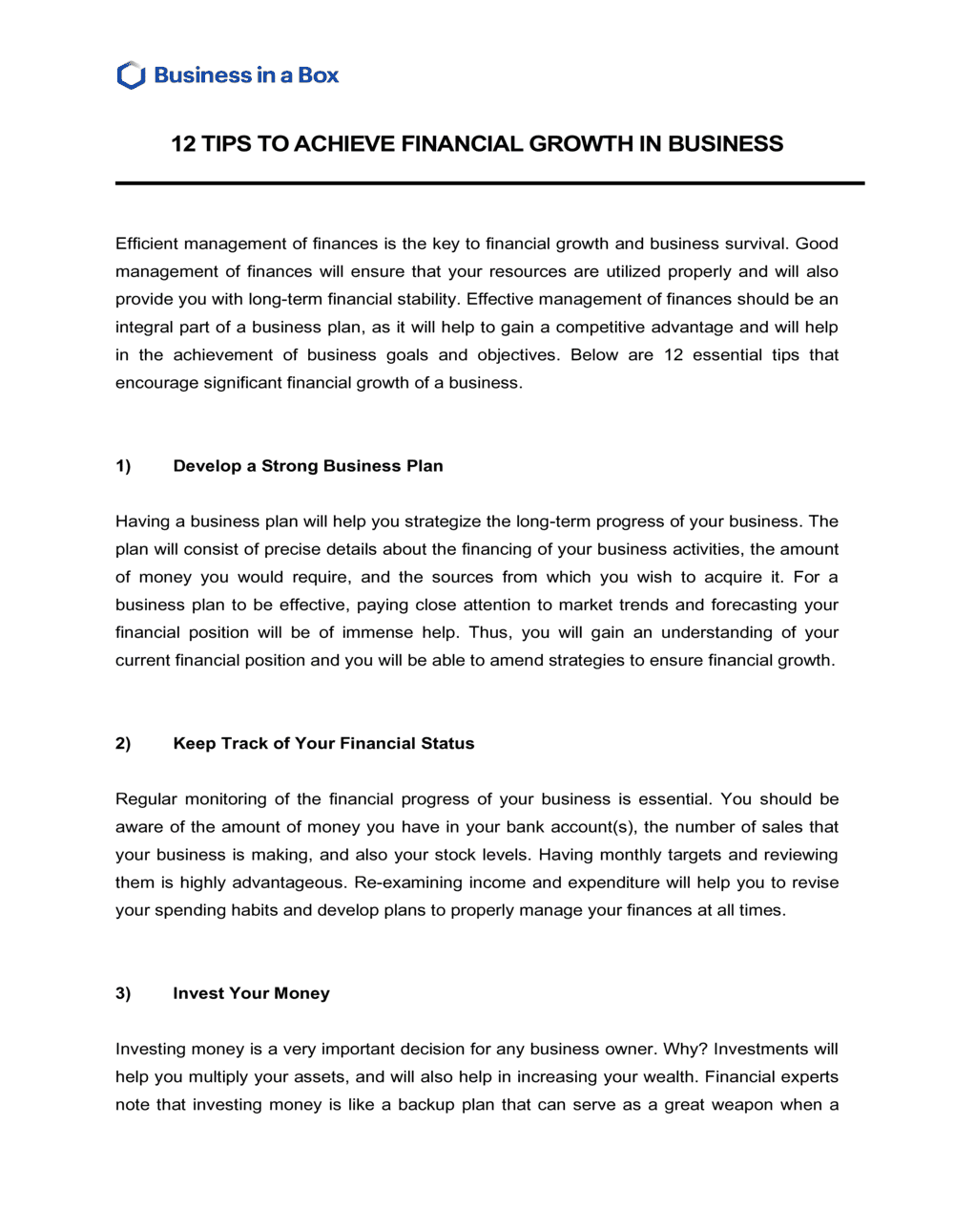 Business-in-a-Box's 12 Tips To Achieve Financial Growth In Business Template