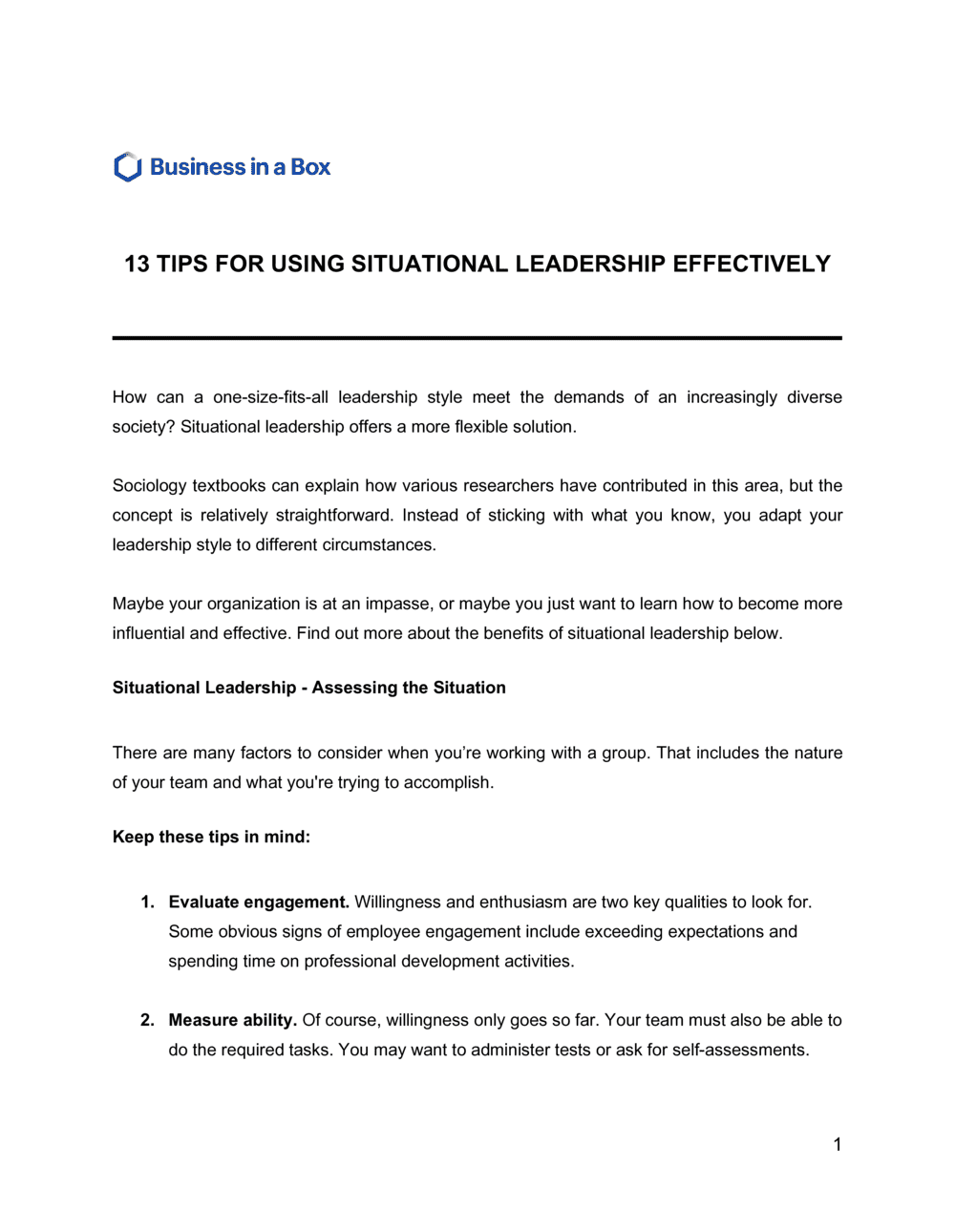 Business-in-a-Box's 13 Tips For Using Situational Leadership Effectively Template