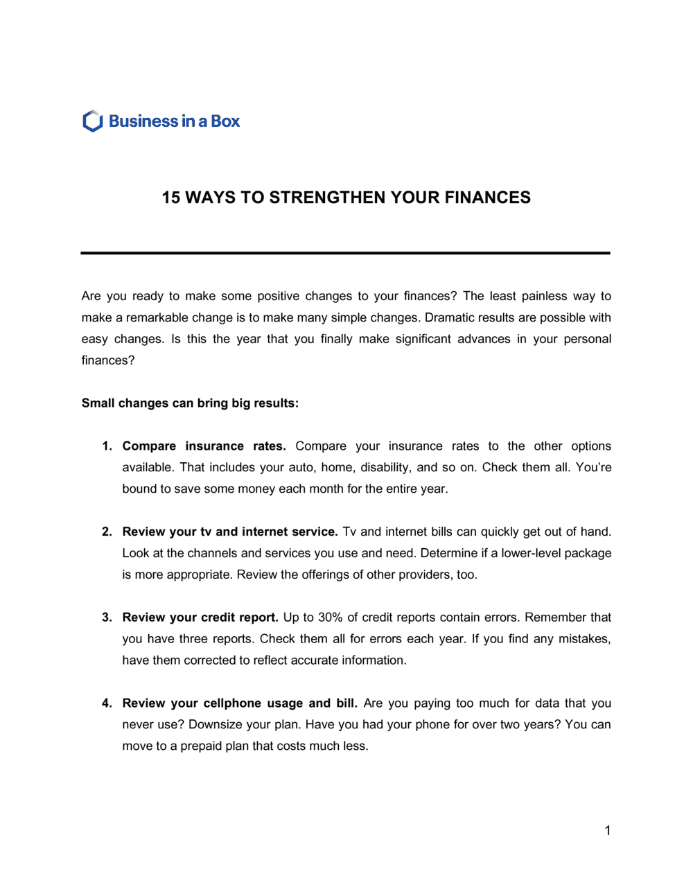 Business-in-a-Box's 15 Ways To Strengthen Your Finances Template