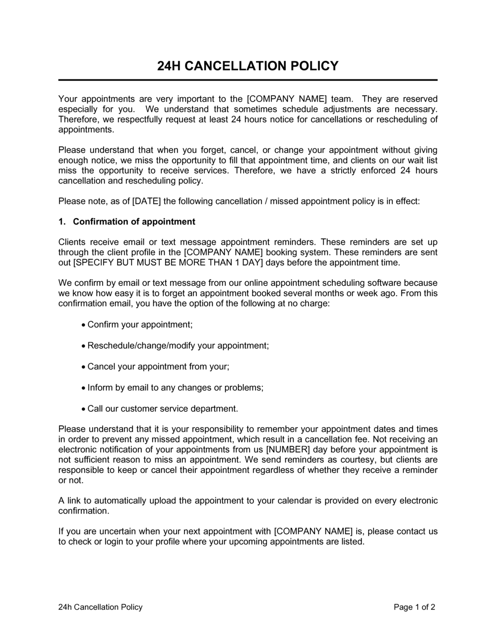 Booking Cancellation Policy Template