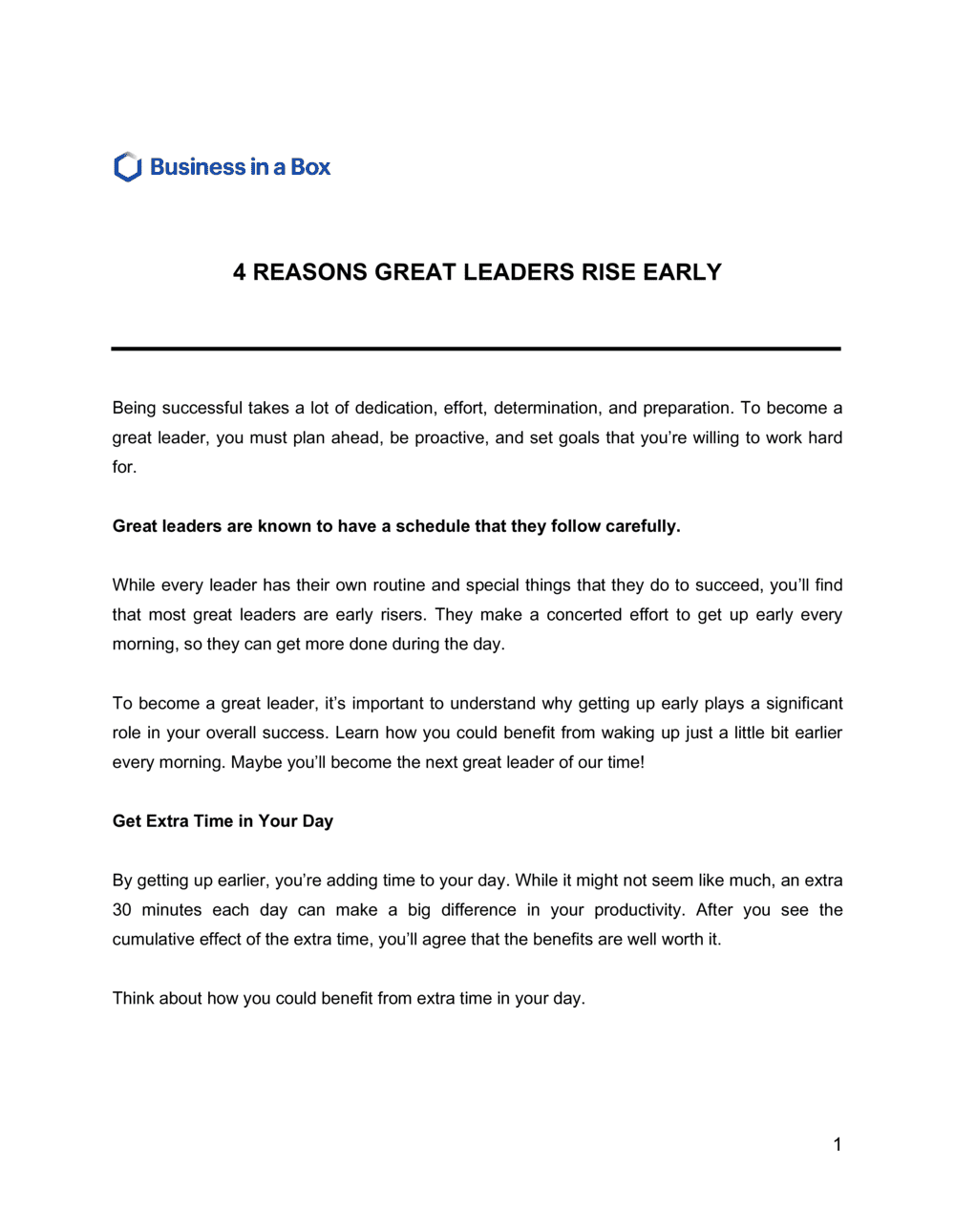 Business-in-a-Box's 4 Reasons Great Leaders Rise Early Template