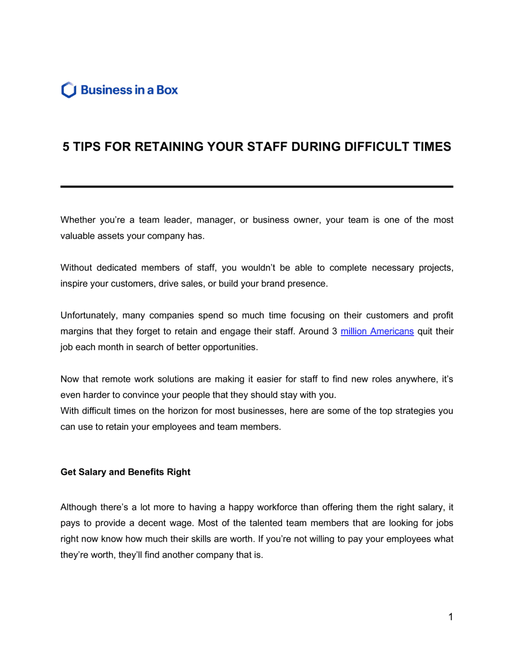 Business-in-a-Box's 5 Tips For Retaining Your Staff During Difficult Times Template