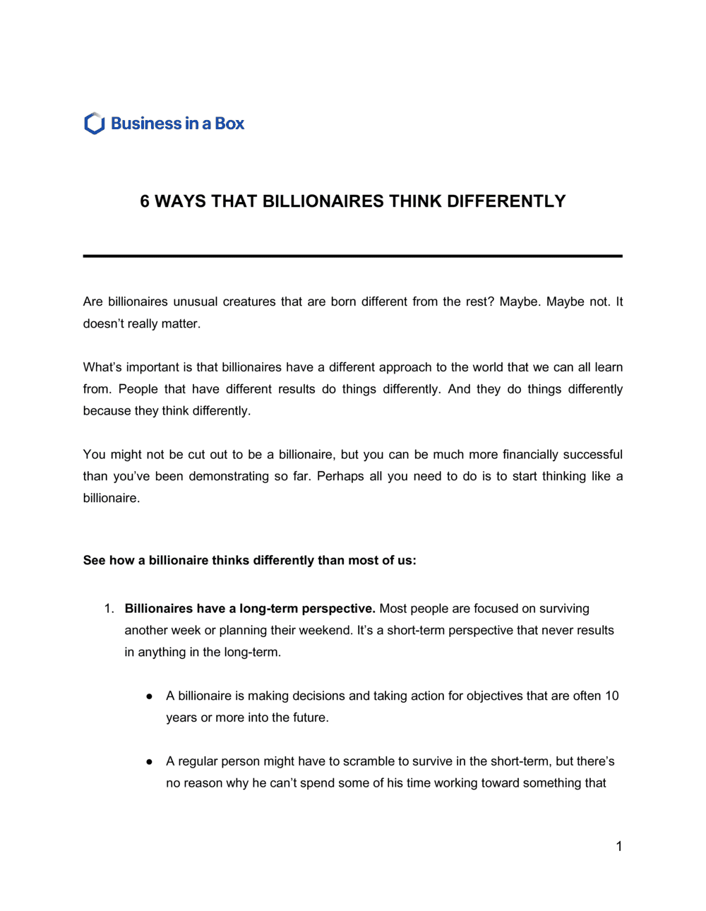 Business-in-a-Box's 6 Ways That Billionaires Think Differently Template