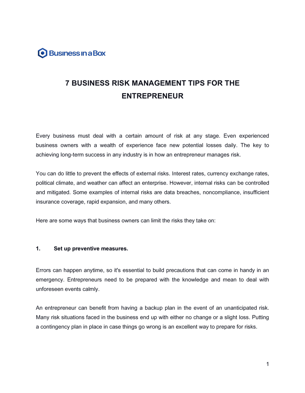 Business-in-a-Box's 7 Business Risk Management Tips For The Entrepreneur Template