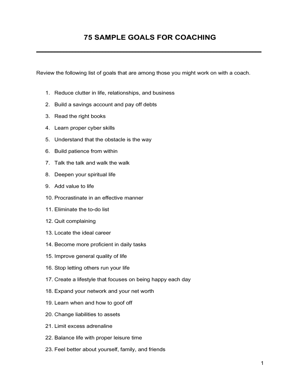 Business-in-a-Box's 75 Samples Goals For Coaching Template