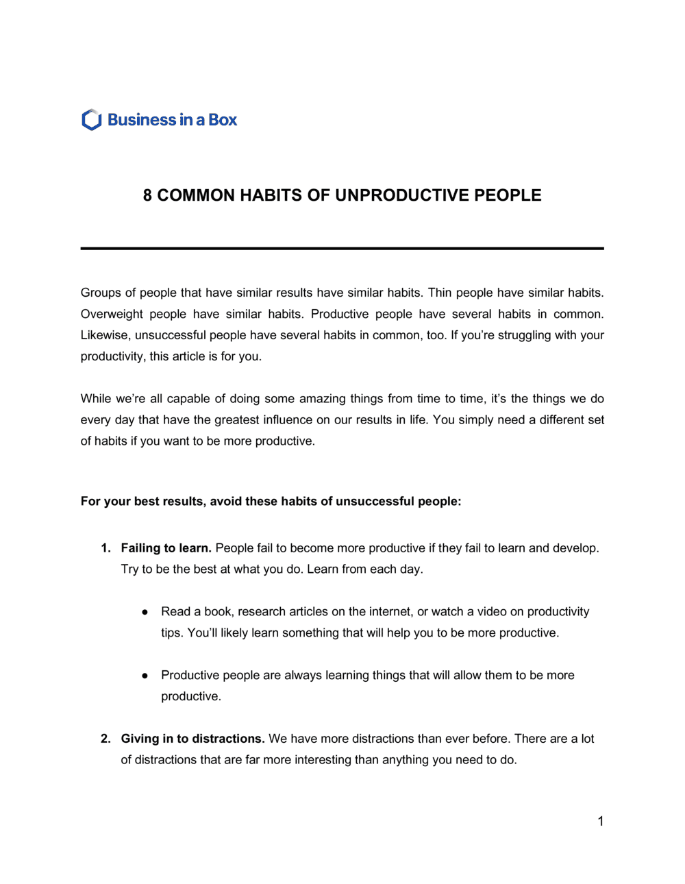 Business-in-a-Box's 8 Common Habits Of Unproductive People Template