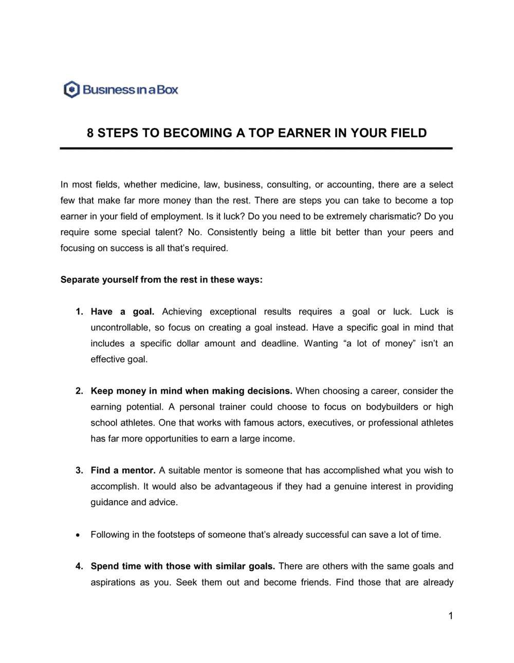 Business-in-a-Box's 8 Steps To Becoming A Top Earner In Your Field Template