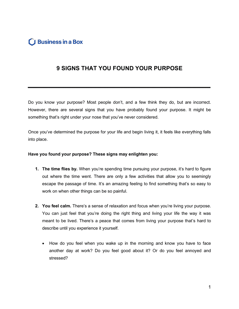Business-in-a-Box's 9 Signs That You Found Your Purpose Template