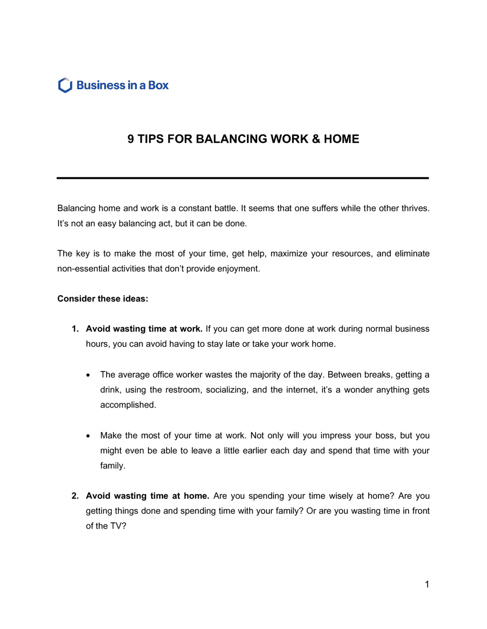 Business-in-a-Box's 9 Tips For Balancing Work and Home Template