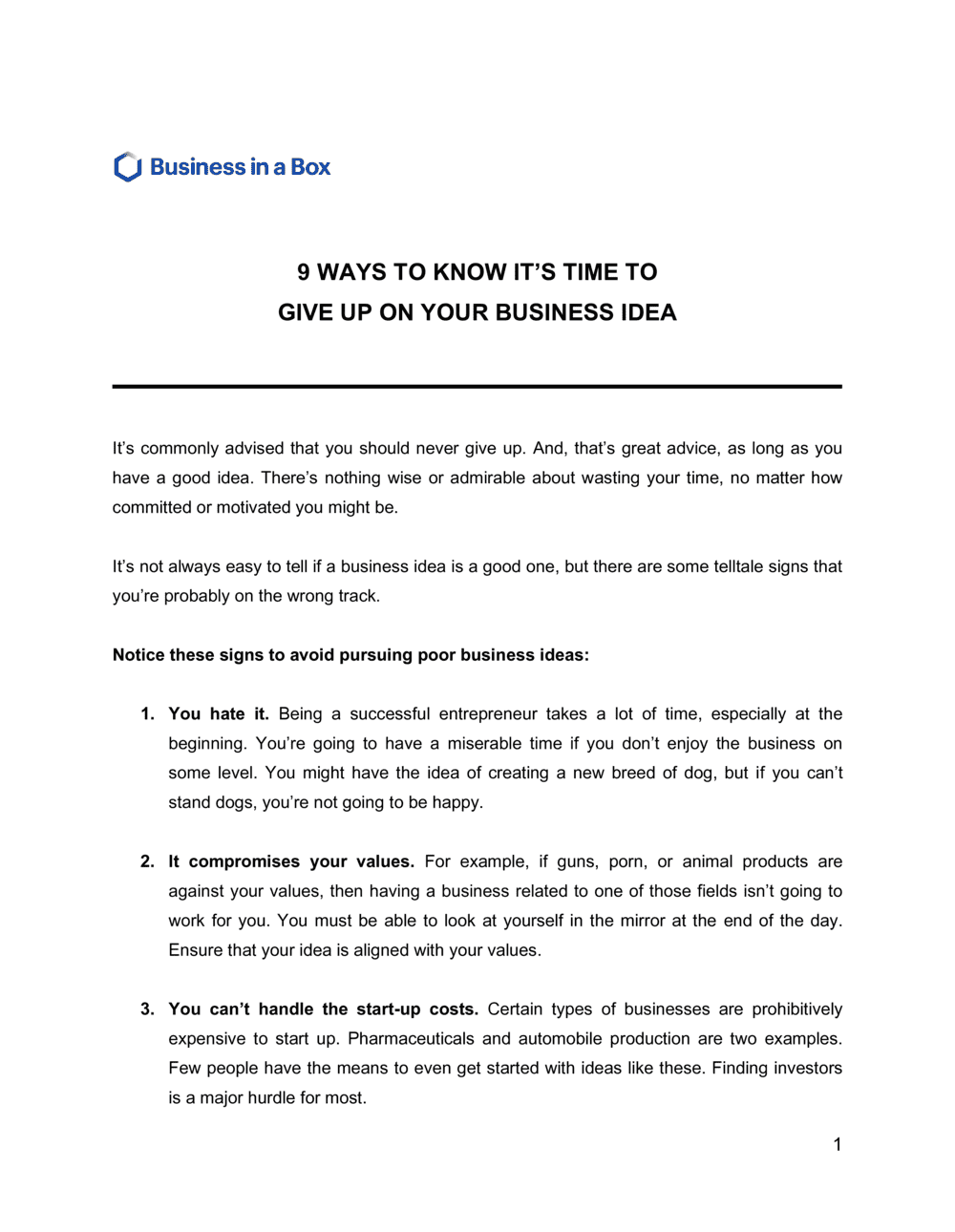 Business-in-a-Box's 9 Ways To Know It_s Time To Give Up On Your Business Idea Template