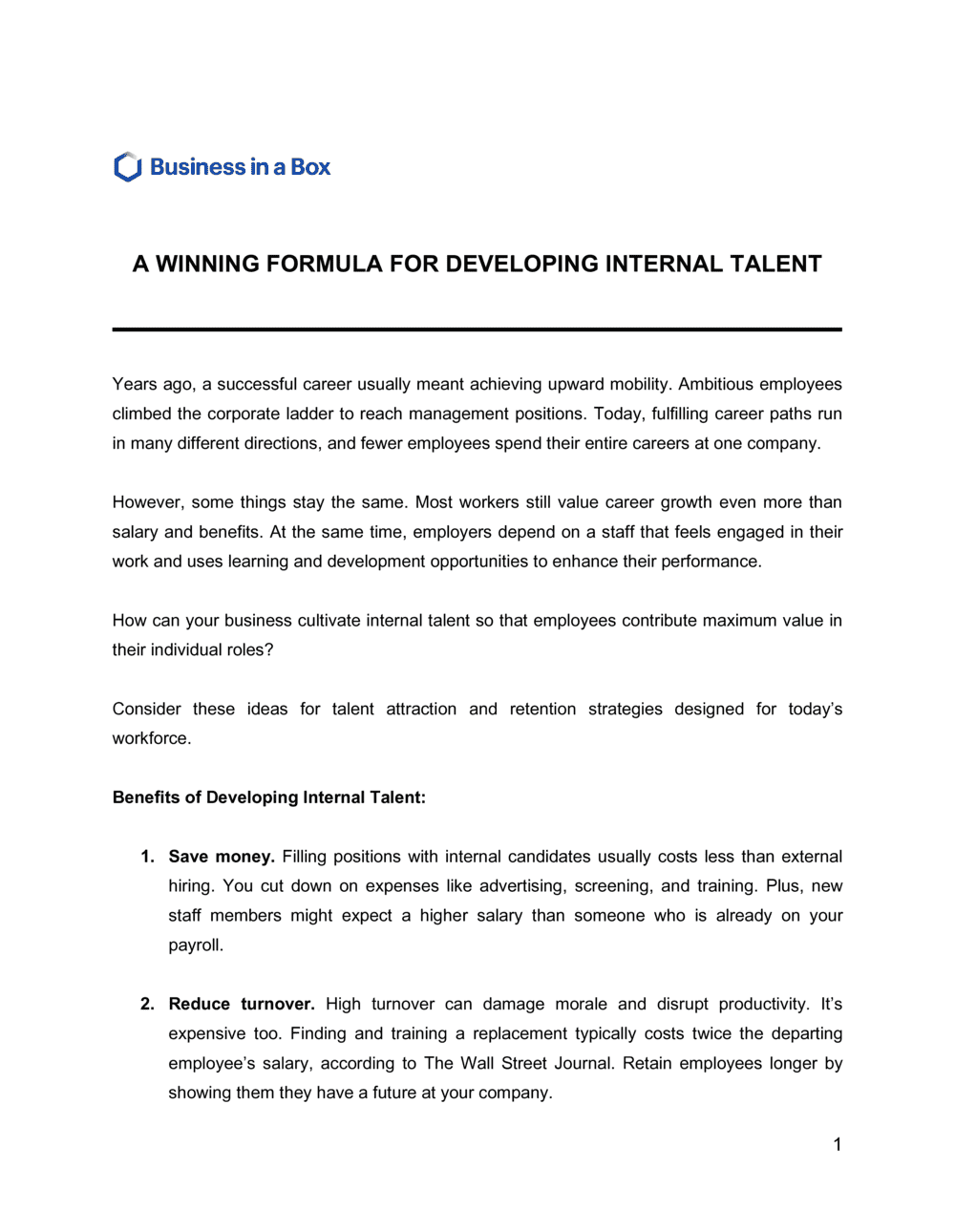 Business-in-a-Box's A Winning Formula For Developing Internal Talent Template