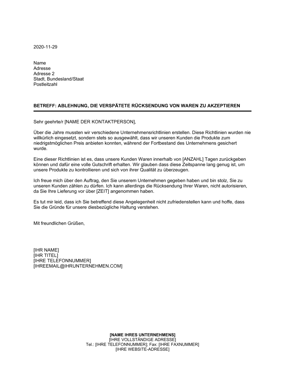 Business-in-a-Box's Ablehnung die verspätete Rücksendung von Waren zu akzeptieren