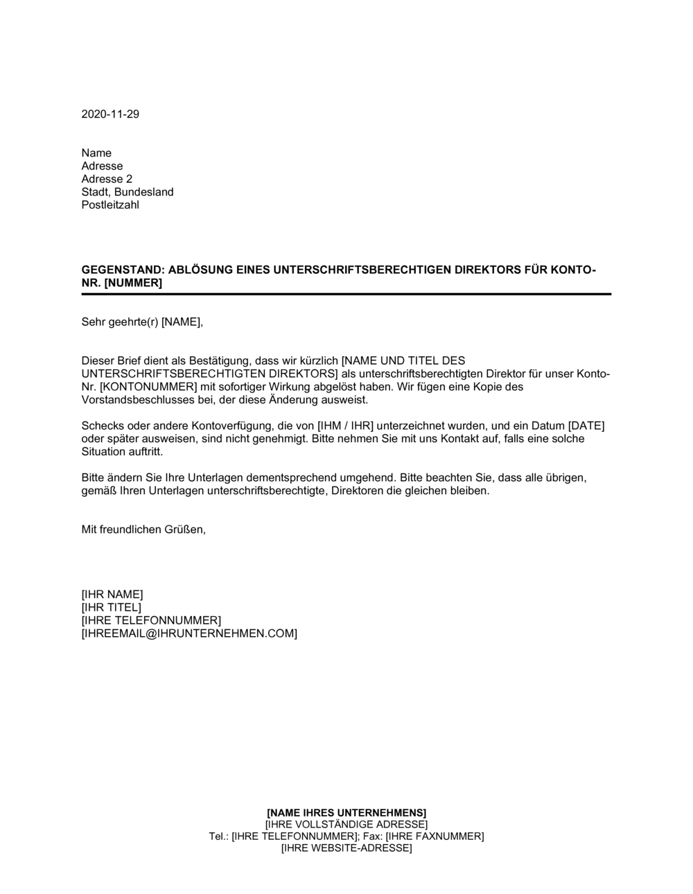 Business-in-a-Box's Ablösung eines unterschriftsberechtigten Direktors