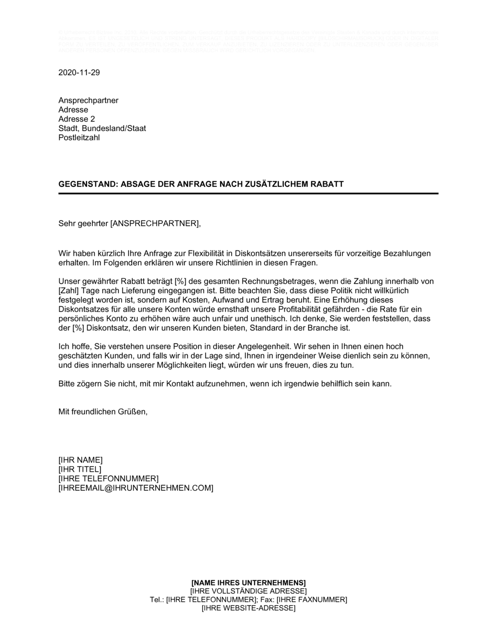 Business-in-a-Box's Absage der Anfrage