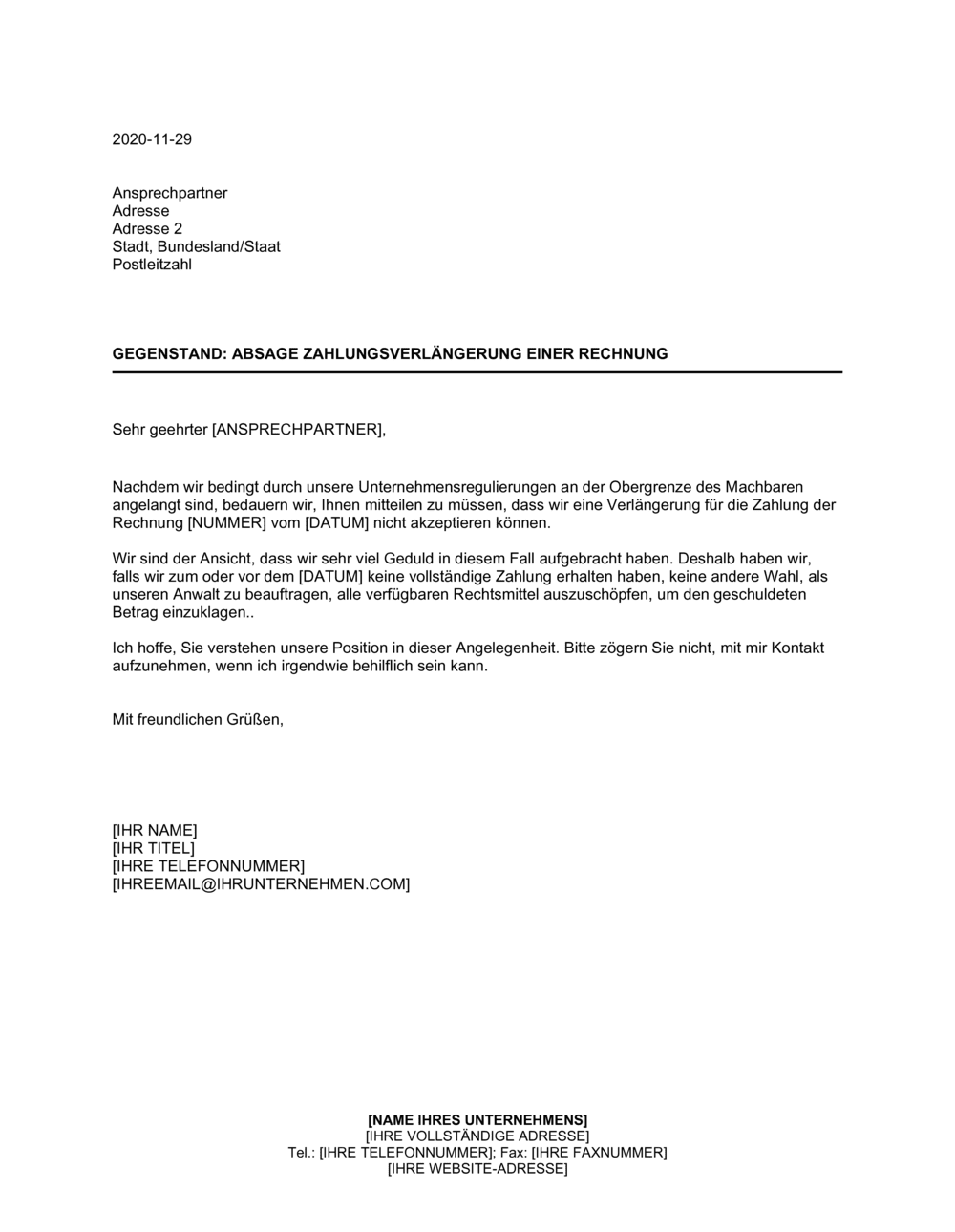 Business-in-a-Box's Absage Zahlungsverlängerung einer Rechnung