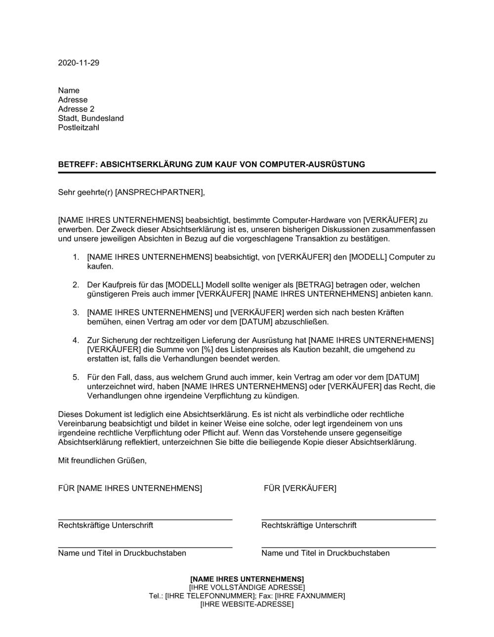 Business-in-a-Box's Absichtserklärung zum Kauf von Computer-Ausrüstung