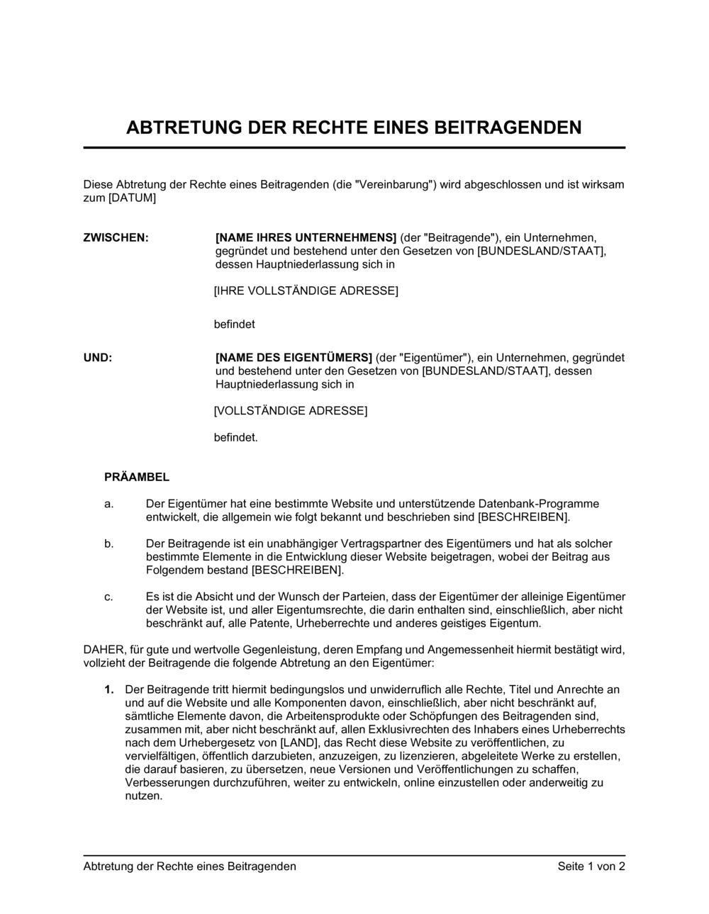 Business-in-a-Box's Abtretung der Rechte eines Beitragenden