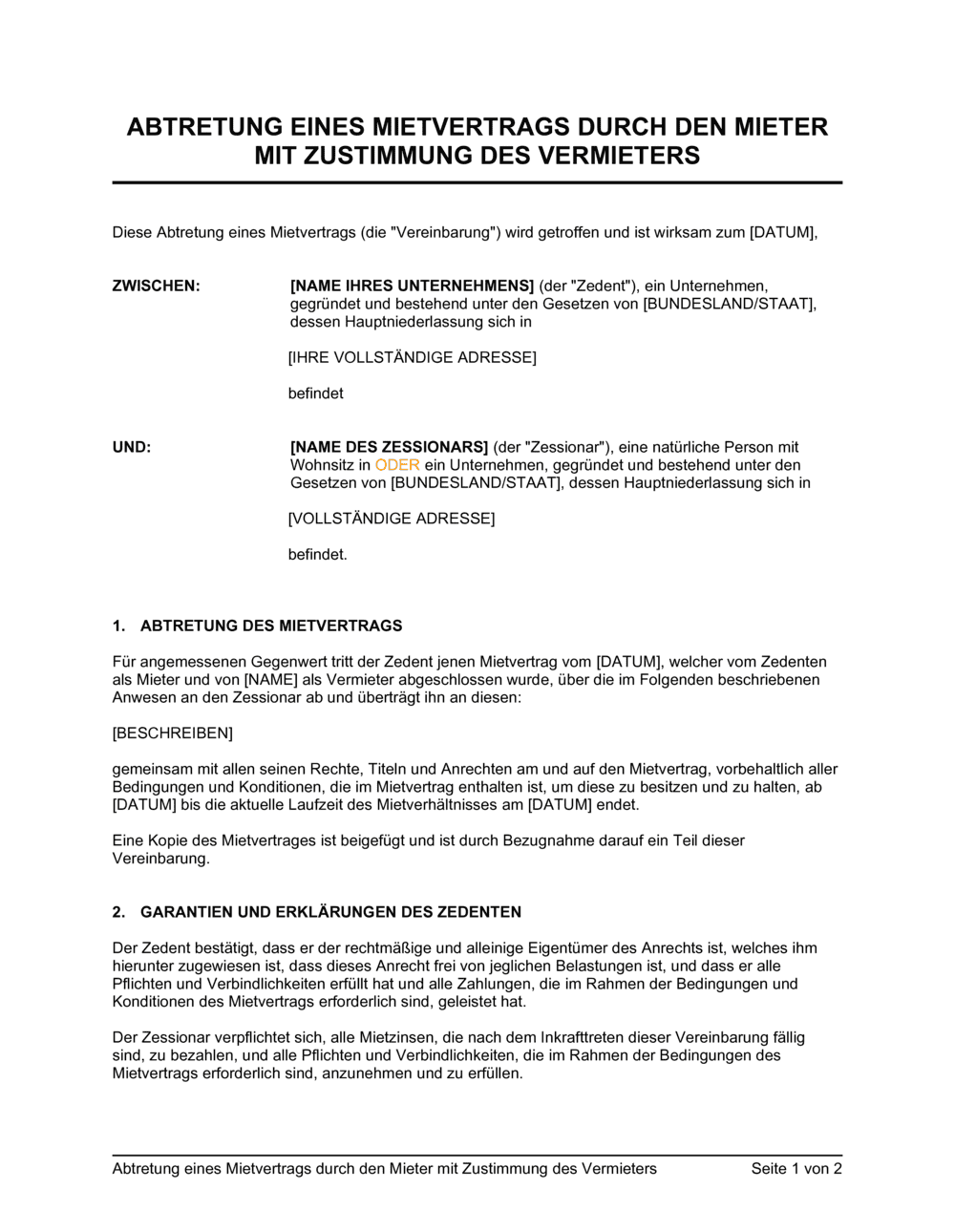 Business-in-a-Box's Abtretung eines Mietvertrags durch den Mieter mit Zustimmung des Vermieters