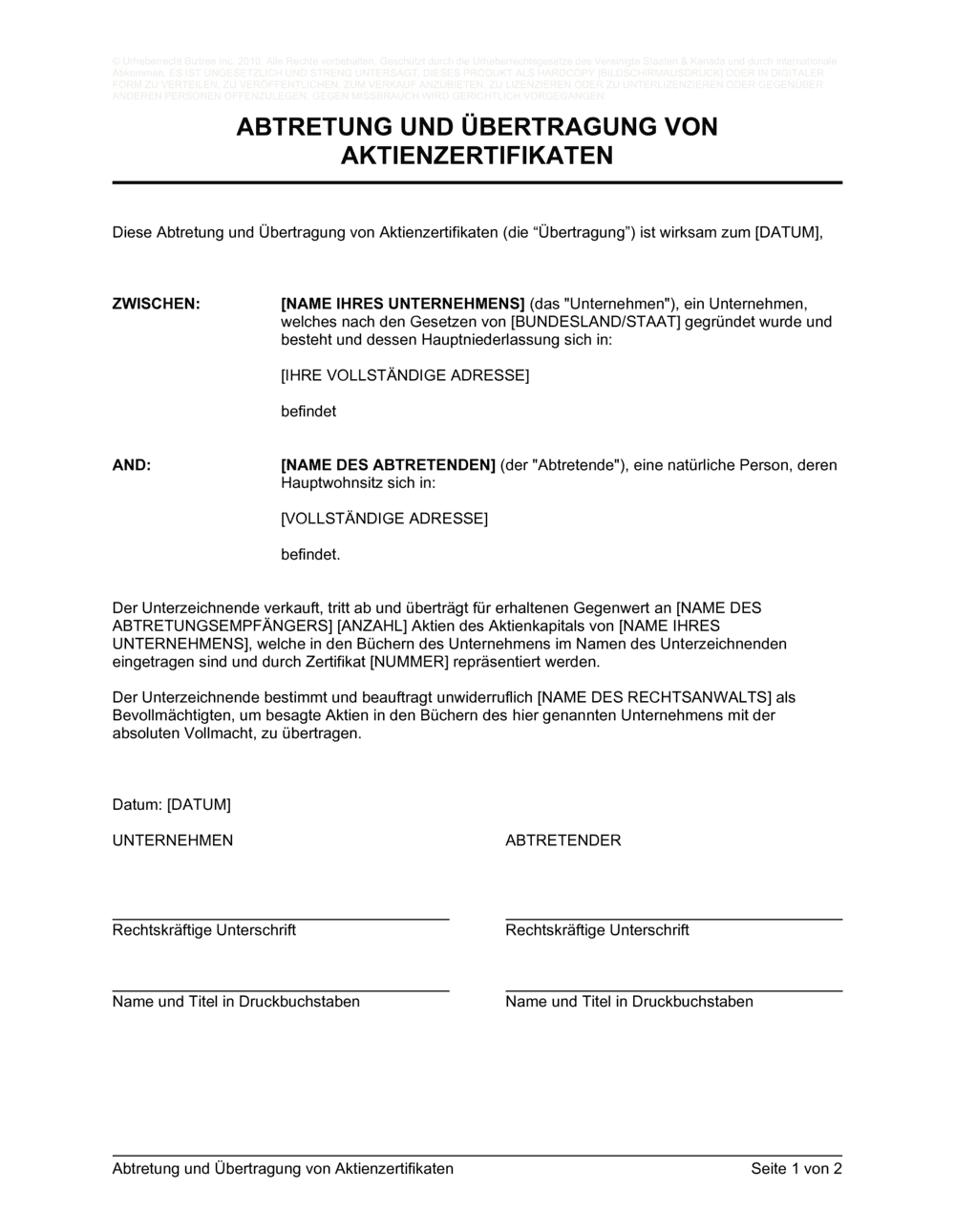 Business-in-a-Box's Abtretung und Übertragung von Aktienzertifikaten