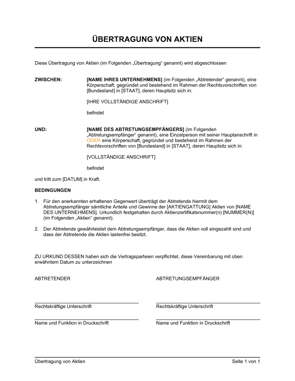 Business-in-a-Box's Abtretung von Aktien