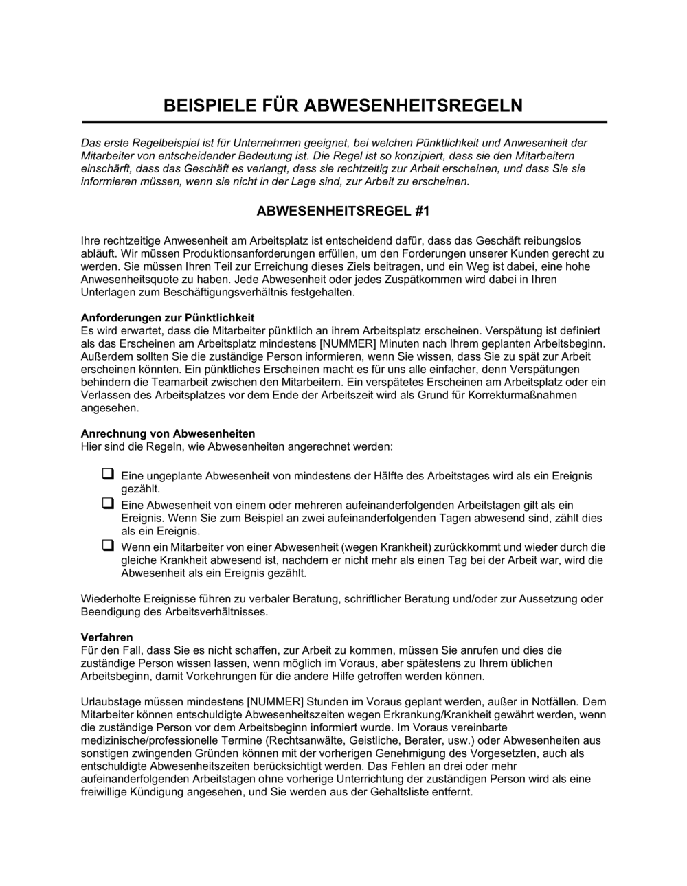 Business-in-a-Box's Abwesenheitsregeln