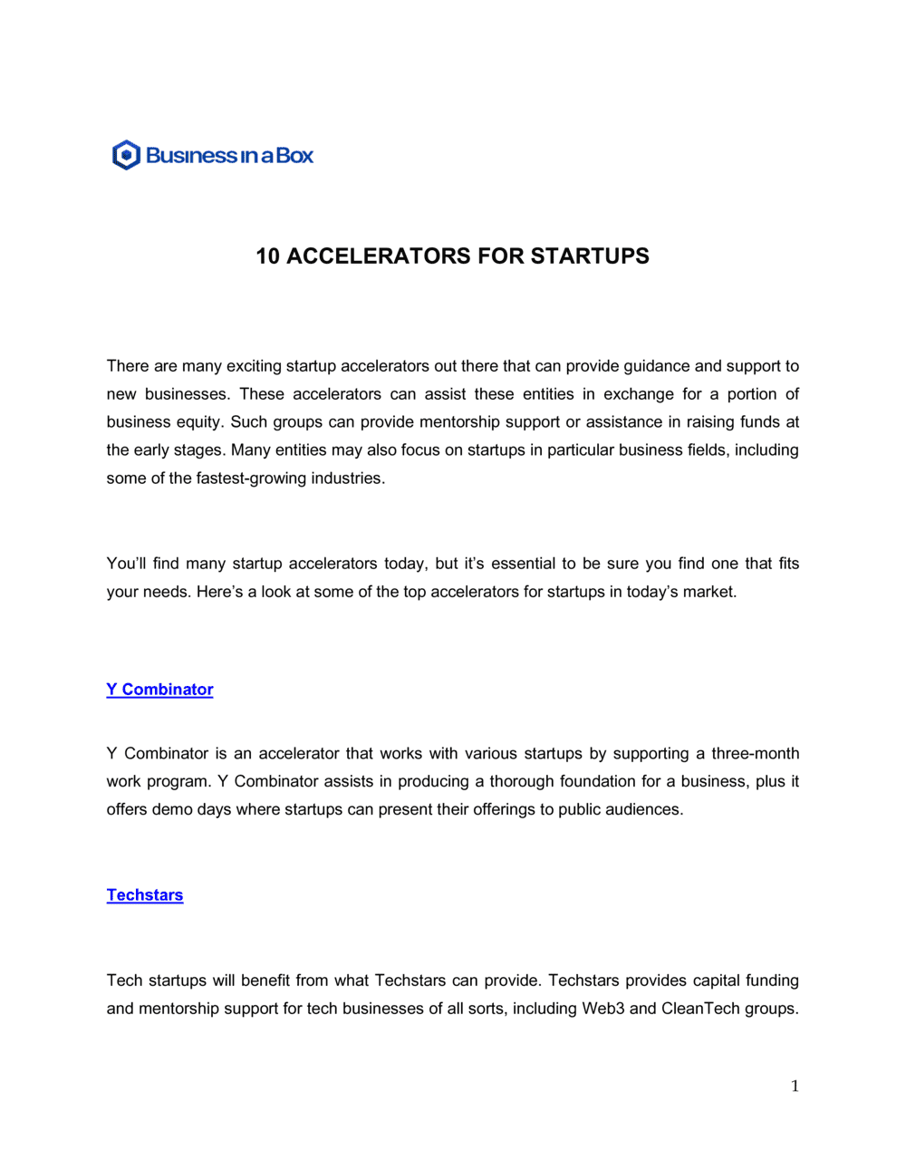 Business-in-a-Box's Accelerators For Startups Template
