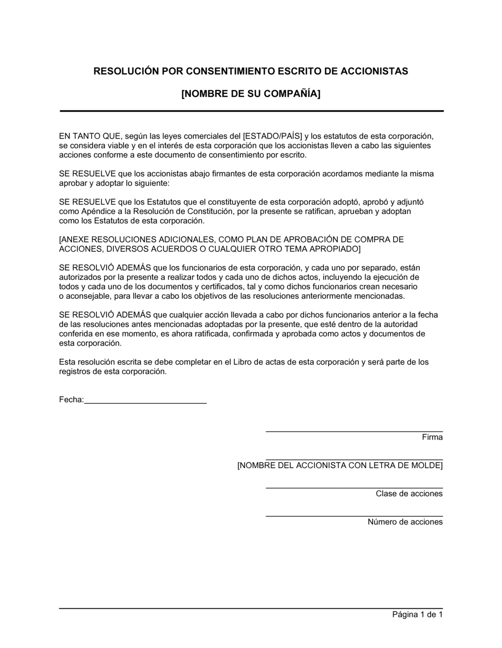 Business-in-a-Box's Acciones a través de consentimiento por escrito de accionistas