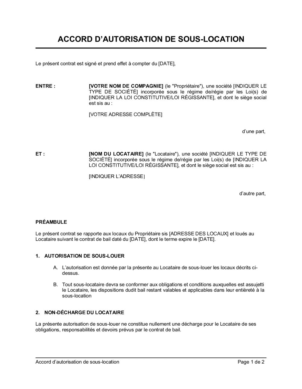 Business-in-a-Box's Accord d'autorisation de sous-location