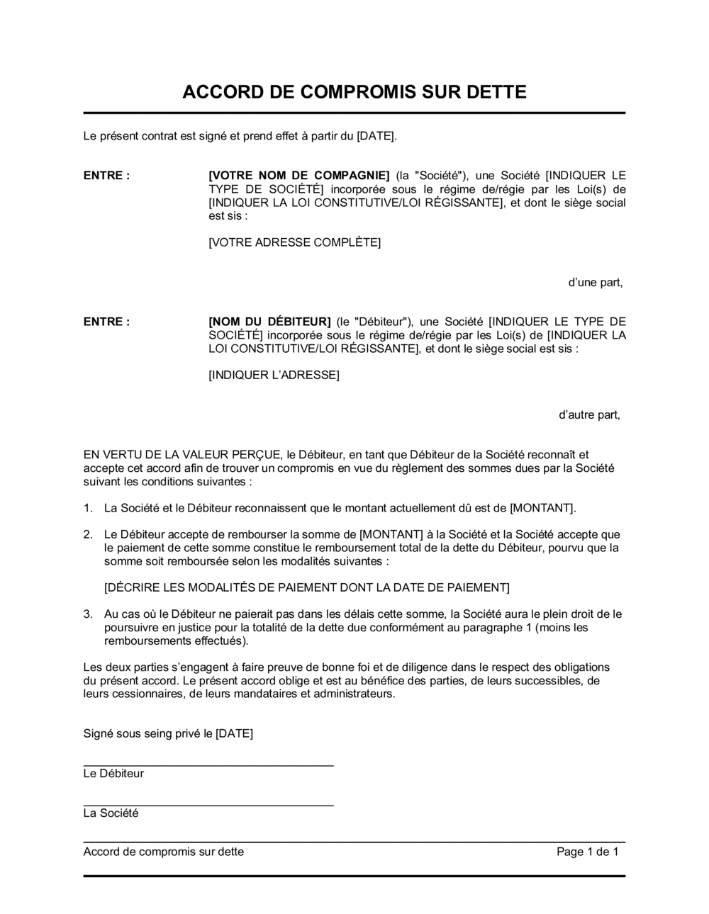 Business-in-a-Box's Accord de compromis sur dette