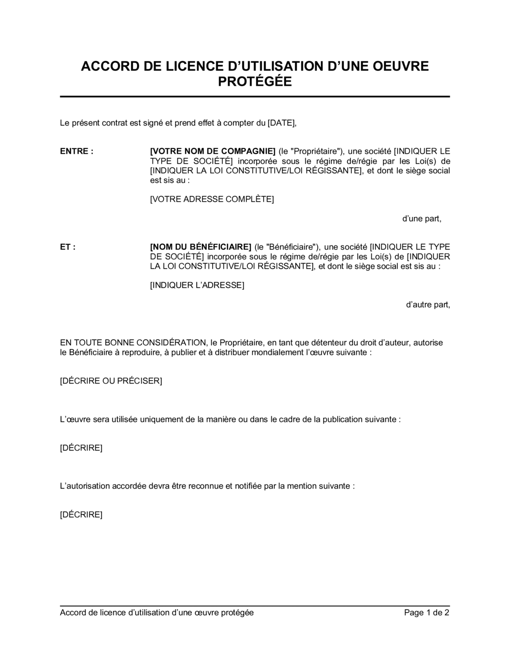 Business-in-a-Box's Accord de licence d'utilisation d'une oeuvre protégée