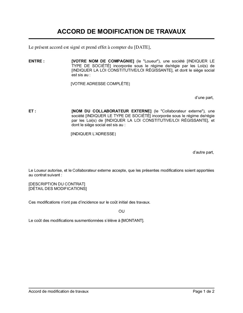 Business-in-a-Box's Accord de modification des travaux