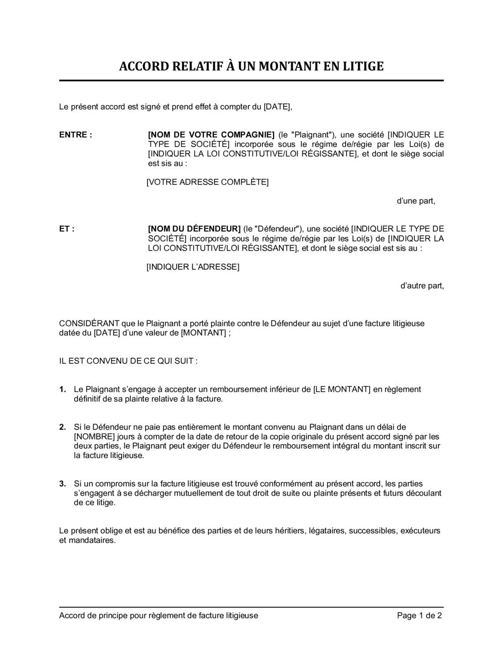 Business-in-a-Box's Accord de principe pour règlement de facture litigieuse