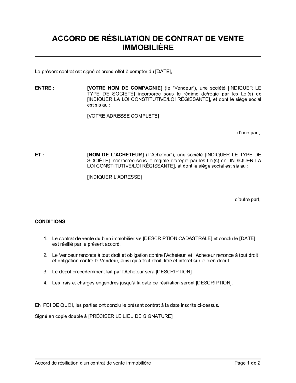 Business-in-a-Box's Accord de résilisation d'un contrat de vente immobilier