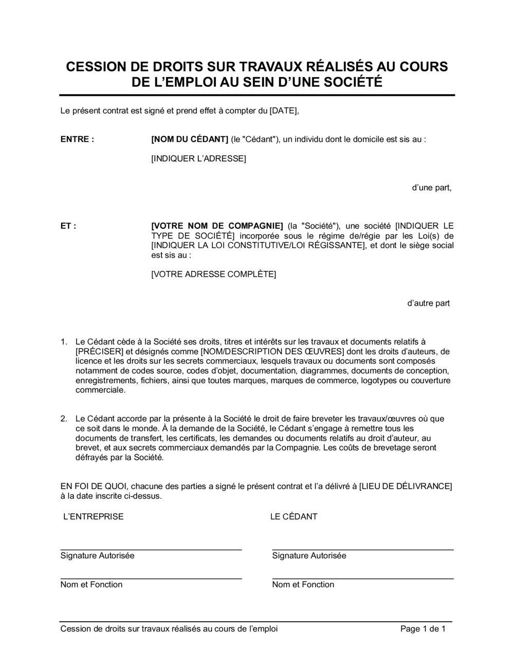 Business-in-a-Box's Accord de transfert des oeuvres d'avant embauche