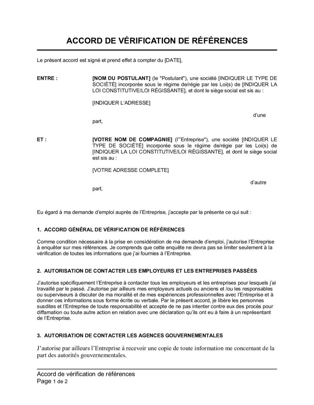 Accord de vérification de références