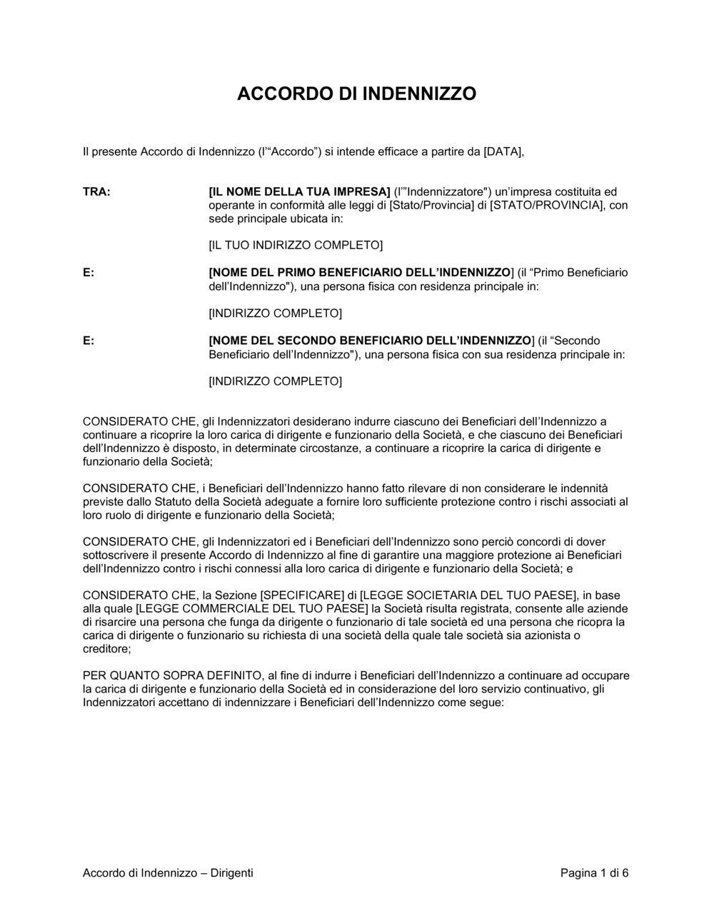 Business-in-a-Box's Accordo di indennizzo per dirigenti