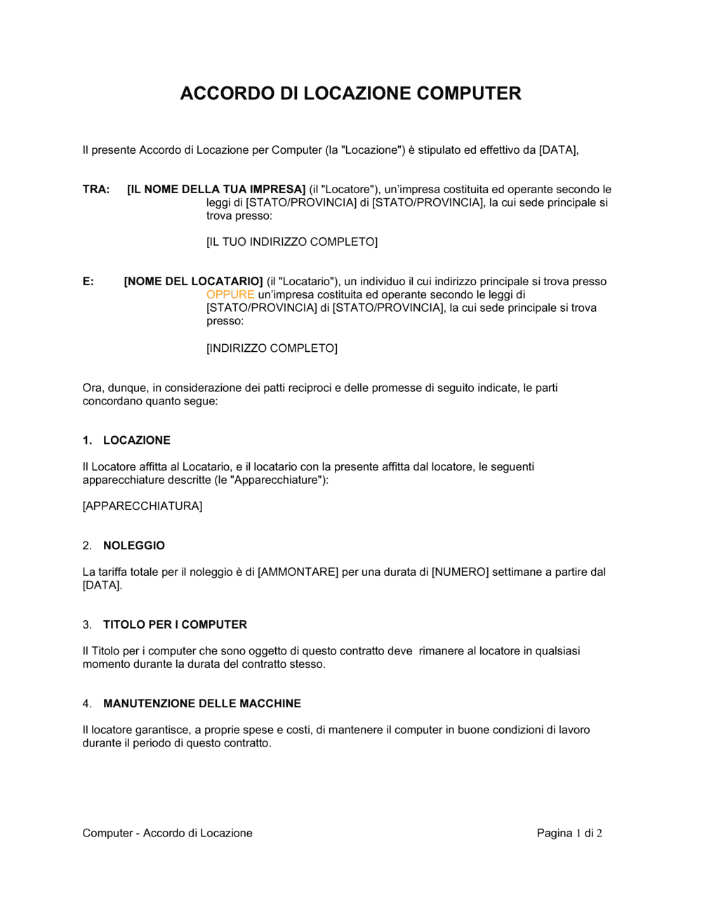 Business-in-a-Box's Accordo di locazione computer