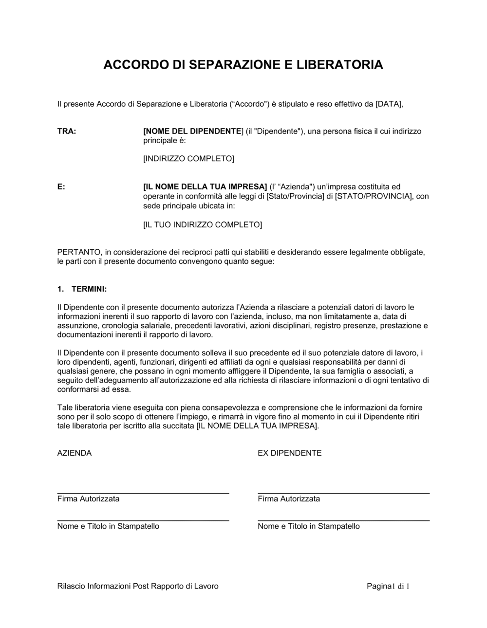 Business-in-a-Box's Accordo di separazione e liberatoria