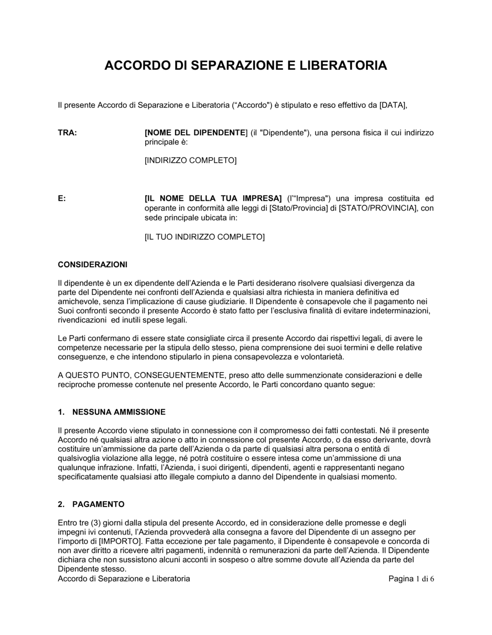 Business-in-a-Box's Accordo di separazione e liberatoria