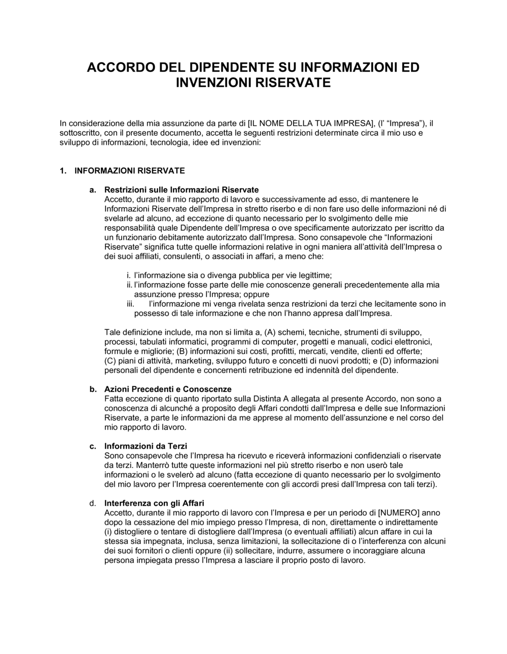 Business-in-a-Box's Accordo dipendente info confidenziali