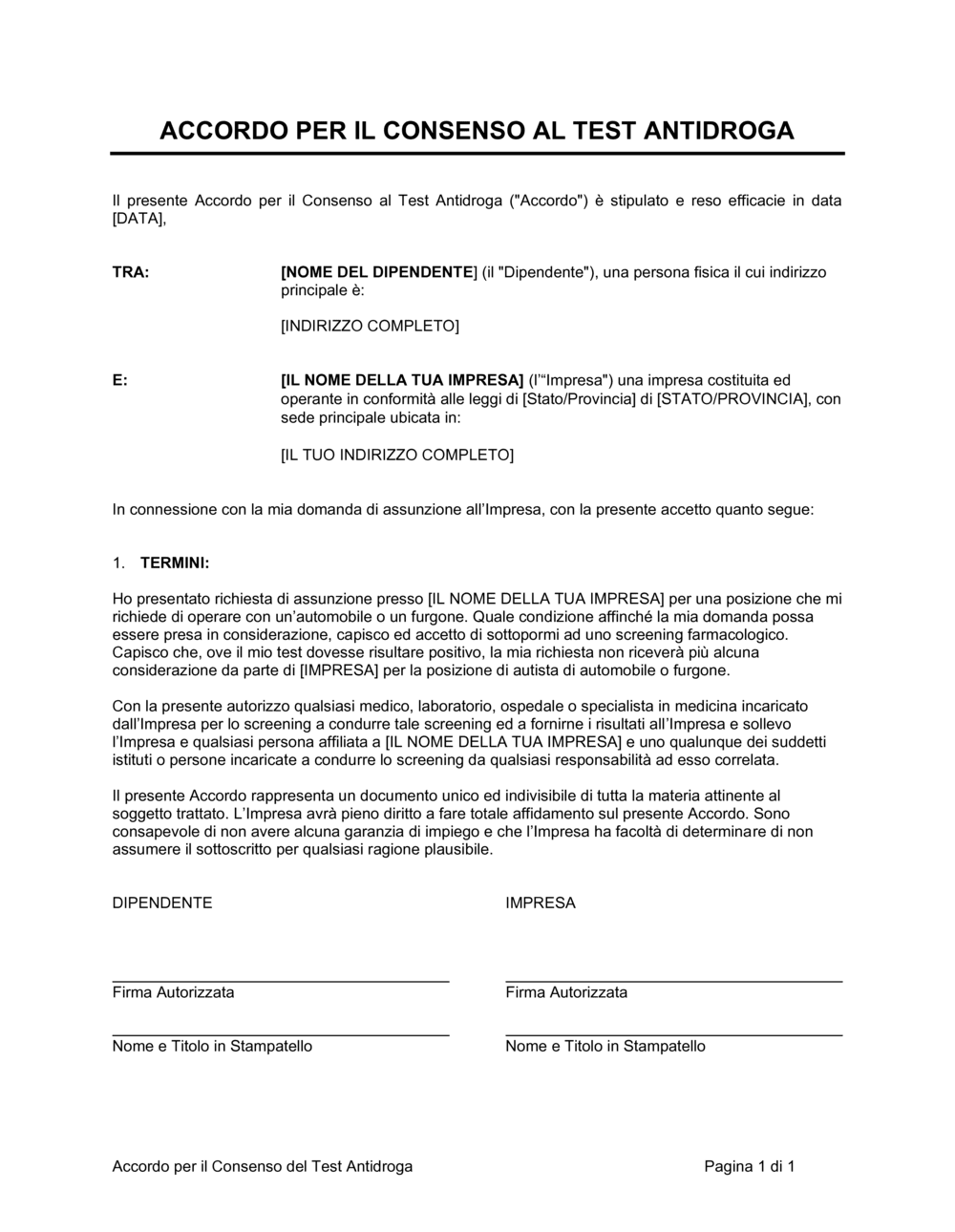 Business-in-a-Box's Accordo per il consenso al test antidroga