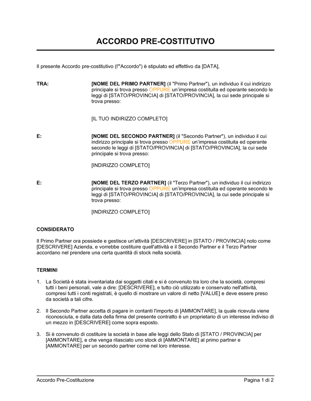 Business-in-a-Box's Accordo pre-costitutivo