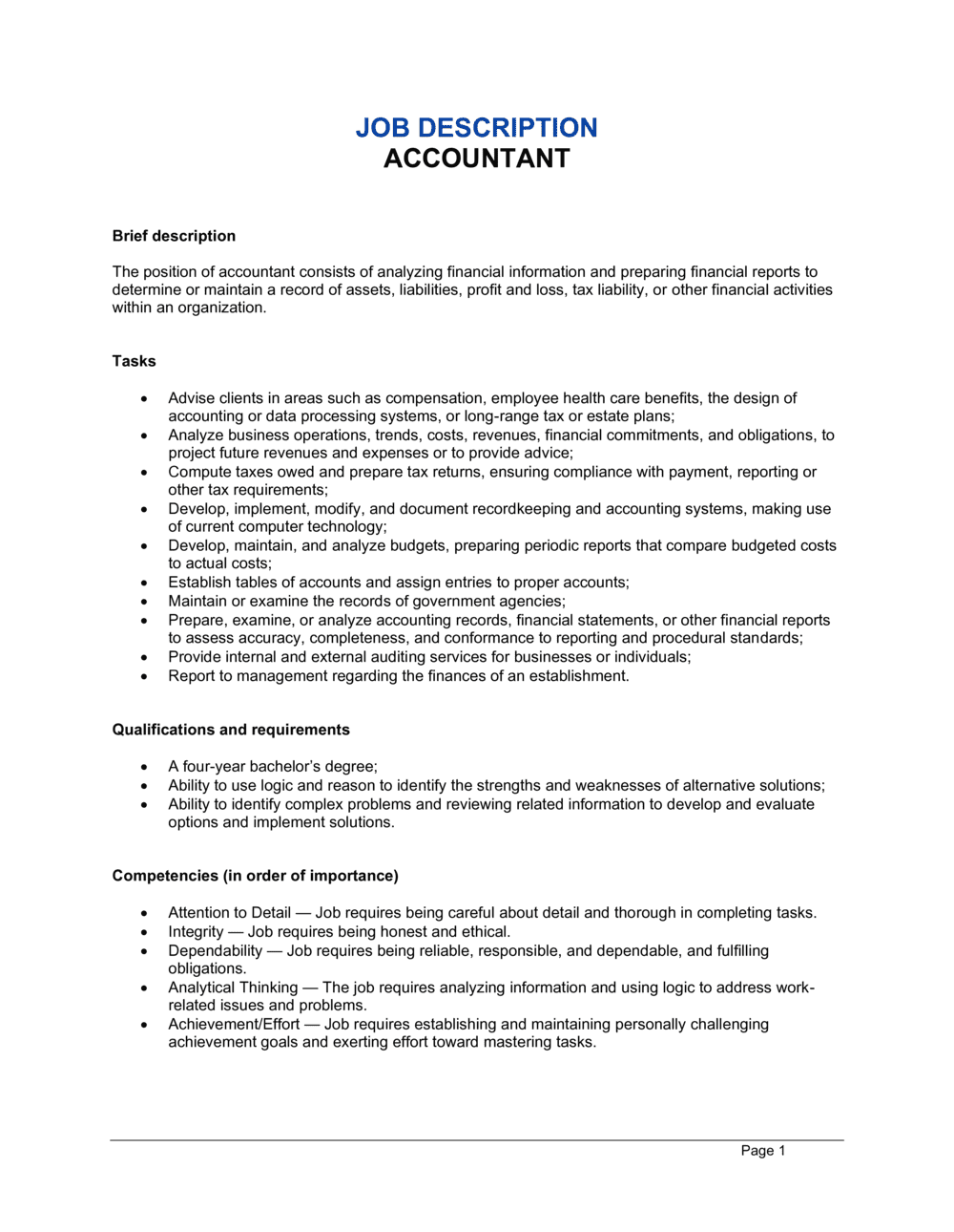 Accountant Job Description D11609 