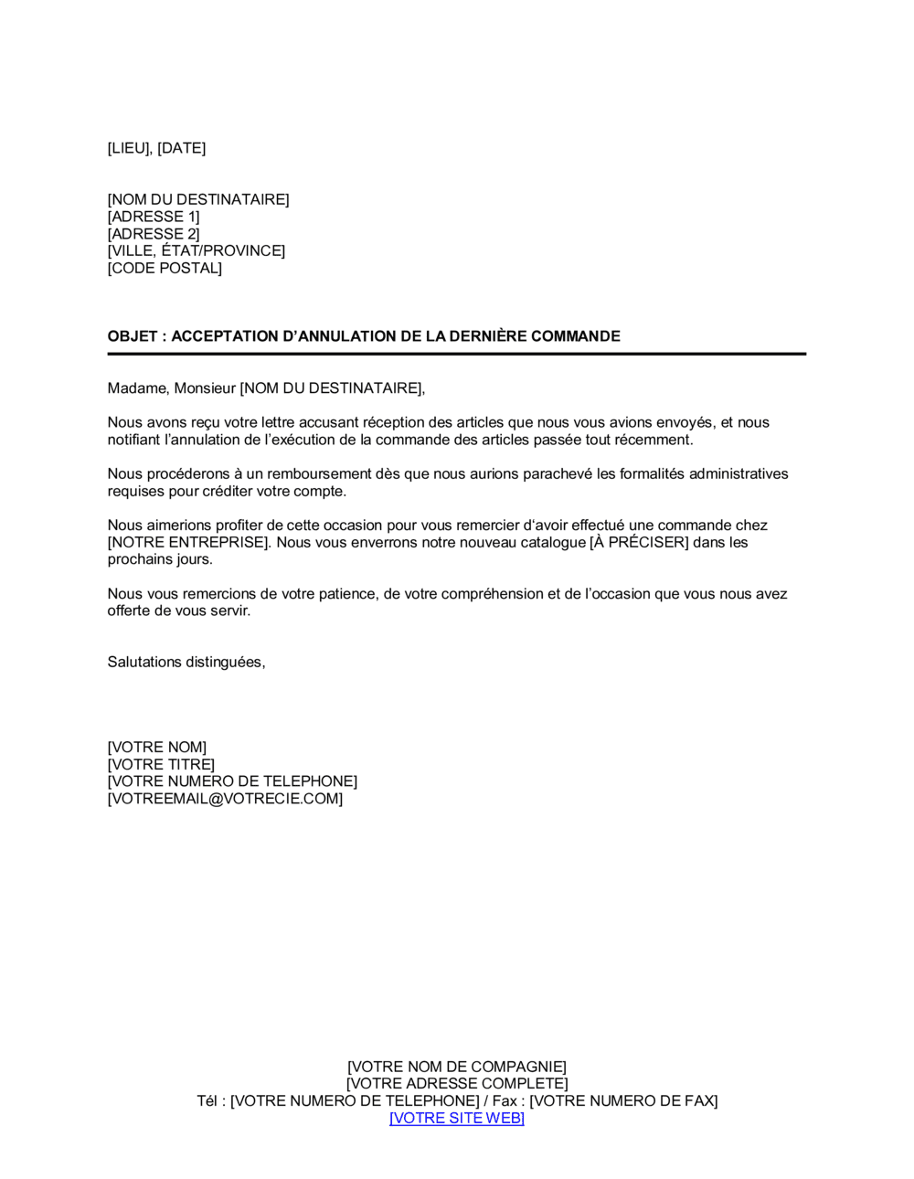 Business-in-a-Box's Accusé de réception d'annulation de la dernière commande