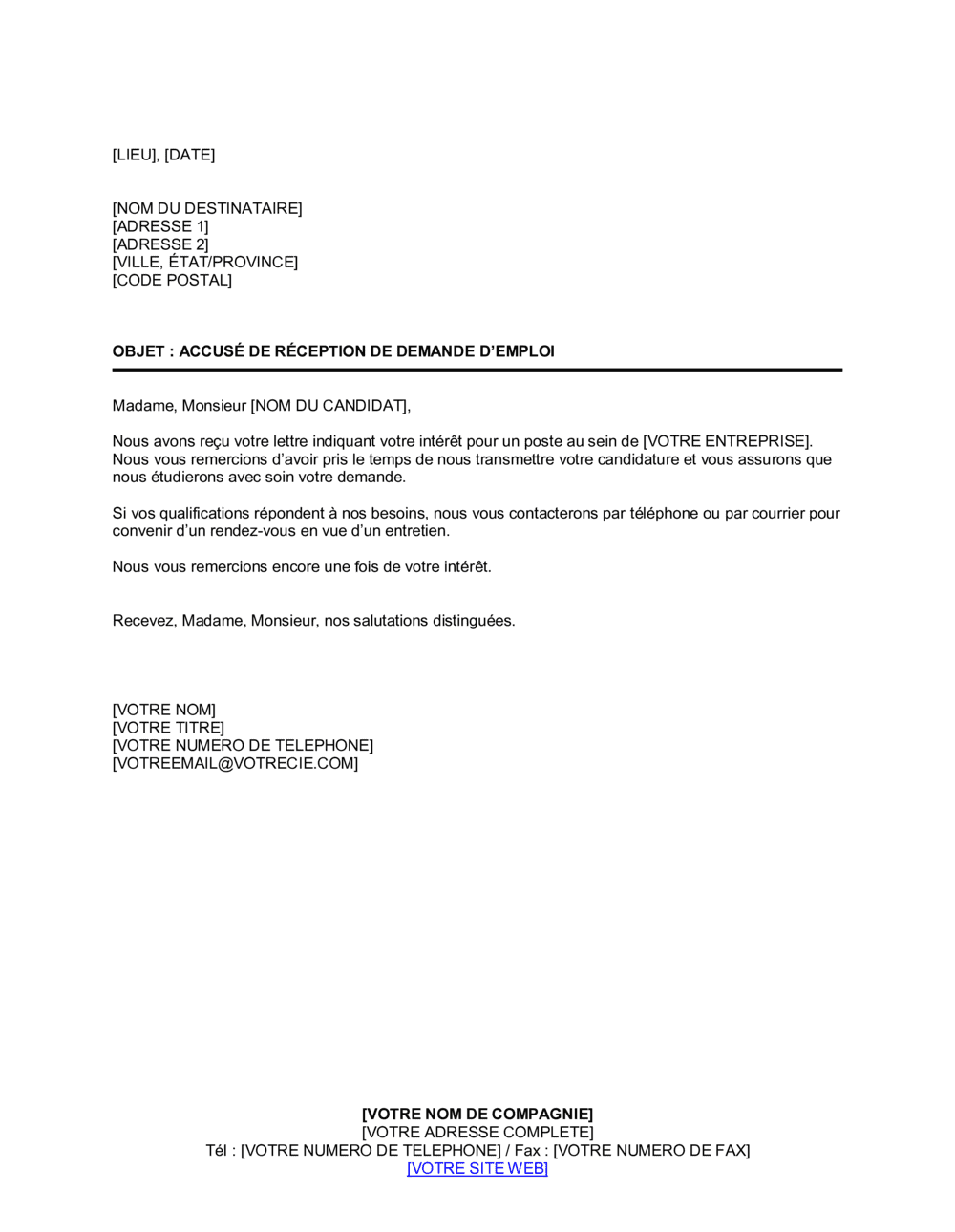 Accusé de réception d'une demande d'emploi